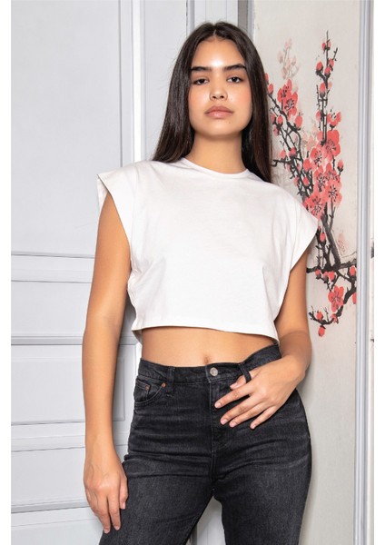 Kadın Vatka Görünümlü Crop T-Shirt 3402/BEYAZ fırsatları