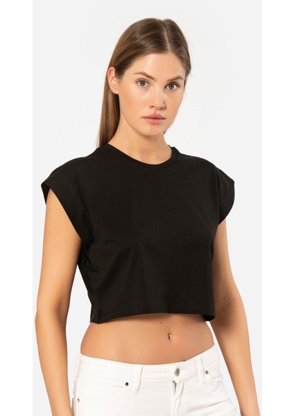 Kadın Vatka Görünümlü Crop T-Shirt 3402/SIYAH