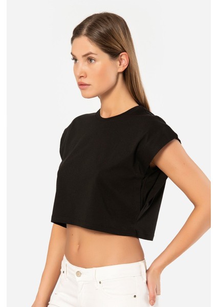 Kadın Vatka Görünümlü Crop T-Shirt 3402/SIYAH