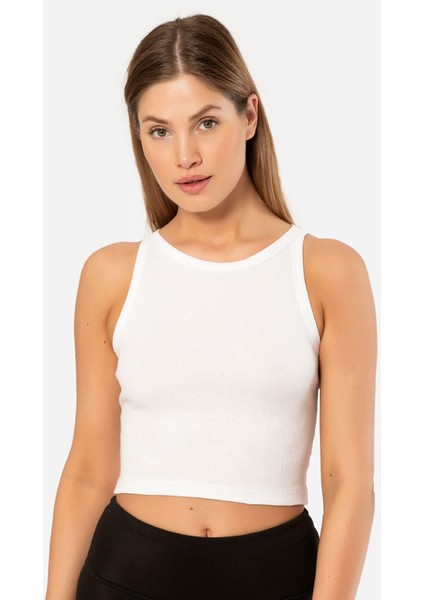 Kadın Fitilli Crop T-Shirt 3404/BEYAZ