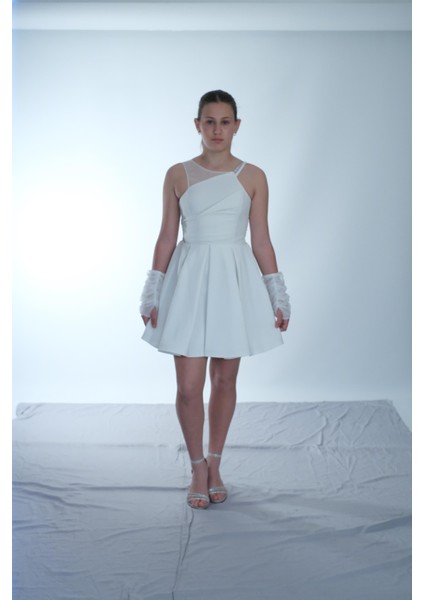 Kız Çocuk Abiye Krep Kumaş Krem Tek Omuz Tül Askılı Eldivenli Kısa Abiye Elbise 10-15 Yaş