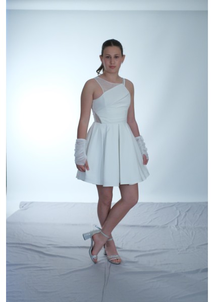 Kız Çocuk Abiye Krep Kumaş Krem Tek Omuz Tül Askılı Eldivenli Kısa Abiye Elbise 10-15 Yaş fiyatları