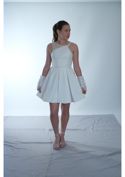 Kız Çocuk Abiye Krep Kumaş Krem Tek Omuz Tül Askılı Eldivenli Kısa Abiye Elbise 10-15 Yaş modelleri