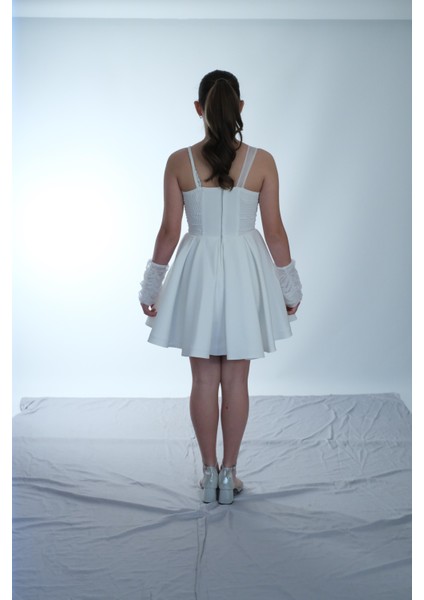 Kız Çocuk Abiye Krep Kumaş Krem Tek Omuz Tül Askılı Eldivenli Kısa Abiye Elbise 10-15 Yaş fırsatları