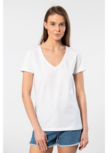 Milano Kısa Kol Derin V Yaka Kadın T-Shirt Beyaz fırsatları