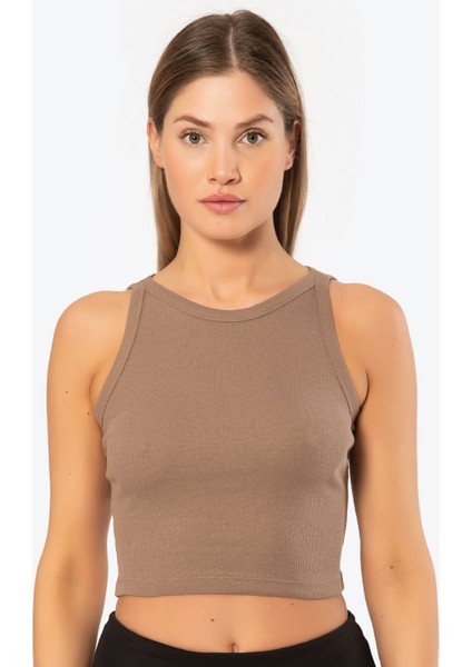 Kadın Fitilli Crop T-Shirt 3404/KAHVERENGI