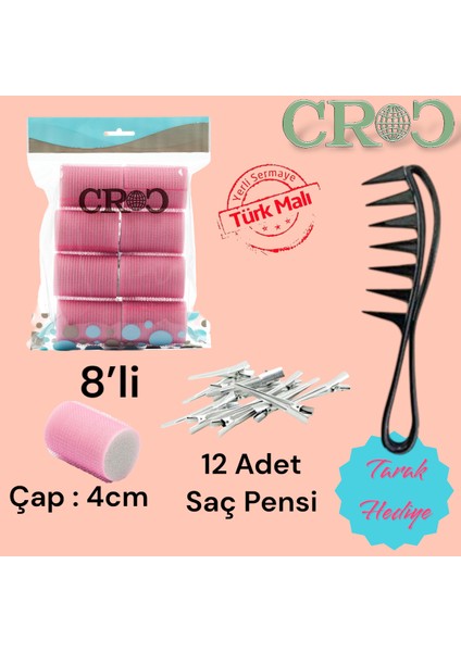1207 Pembe Cırtlı Sünger Bigudi 8li Çap 4cm + 12lı Alüminyum Saç Pensi