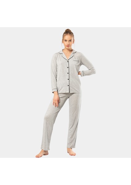 Düz Uzun Kollu Gömlek Yaka Pijama Takım 3365/GRI fiyatları