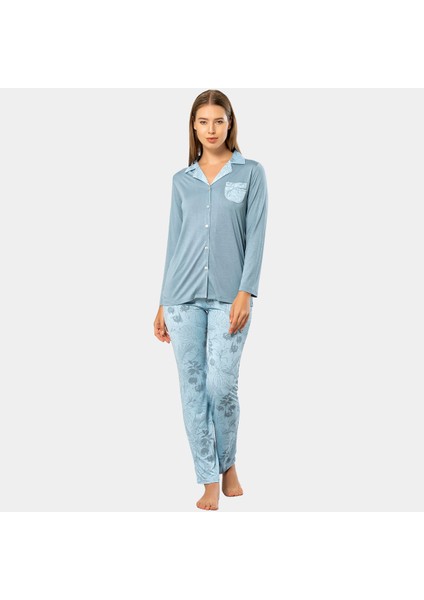 Yaprak Desenli Uzun Kol Pijama 3377/MAVI