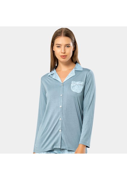 Yaprak Desenli Uzun Kol Pijama 3377/MAVI
