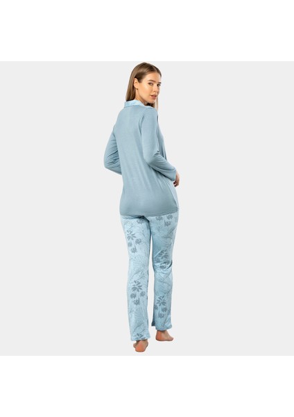 Yaprak Desenli Uzun Kol Pijama 3377/MAVI