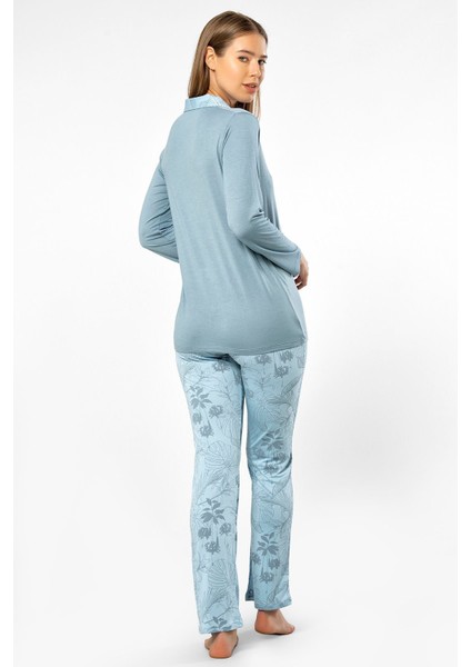 Yaprak Desenli Uzun Kol Pijama 3377/MAVI
