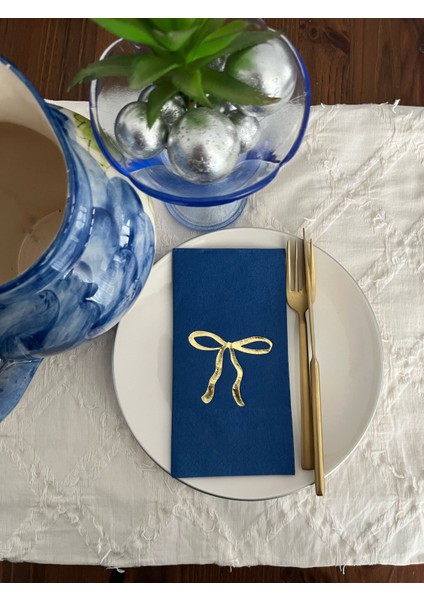 Gold Yaldızlı Bodrum Mavisi Fiyonk Baskılı Garson Katlama Peçete 16 Adet