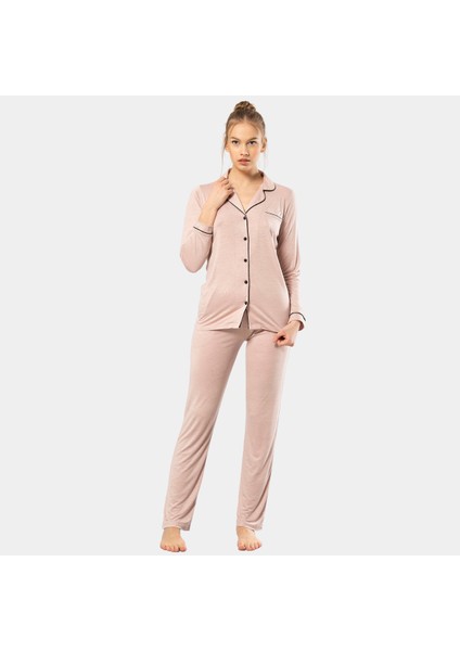 Düz Uzun Kollu Gömlek Yaka Pijama Takım 3365/PUDRA
