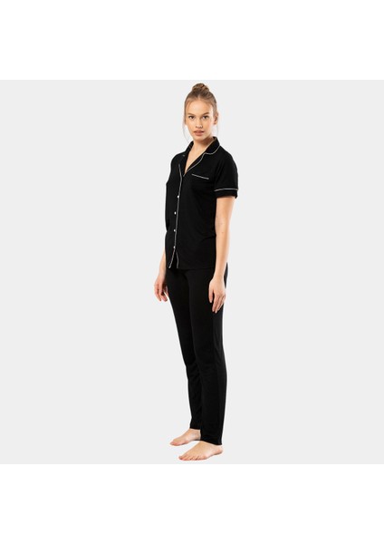 Düz Kısa Kollu Gömlek Yaka Pijama Takım 3368/SIYAH modelleri