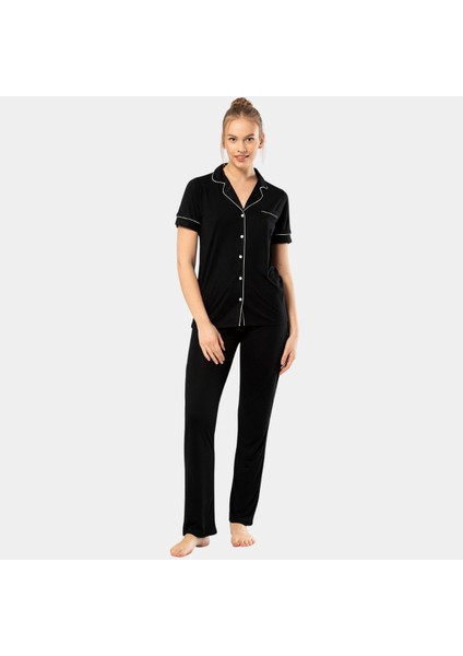 Düz Kısa Kollu Gömlek Yaka Pijama Takım 3368/SIYAH indirimleri