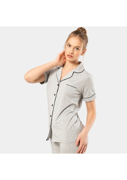 Düz Kısa Kollu Gömlek Yaka Pijama Takım 3368/GRI fırsatları