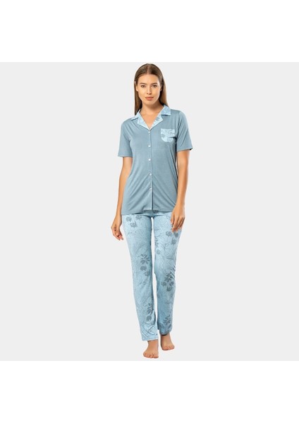 Yaprak Desenli Kısa Kol Pijama 3376/MAVI