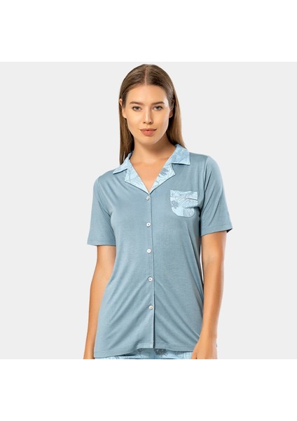 Yaprak Desenli Kısa Kol Pijama 3376/MAVI