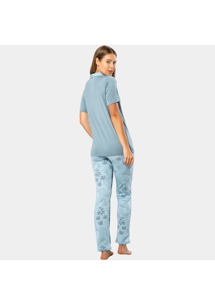 Yaprak Desenli Kısa Kol Pijama 3376/MAVI