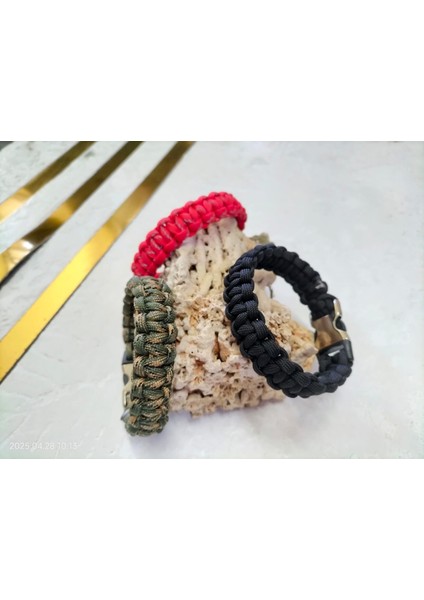 Kadın-Erkek Paracord Elörmesi 3'lü Bileklik 3'lü Kırmızı-Siyah-Yeşil