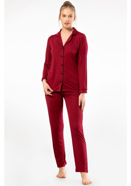 Düz Uzun Kollu Gömlek Yaka Pijama Takım 3365/BORDO