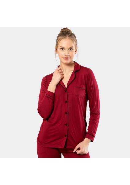 Düz Uzun Kollu Gömlek Yaka Pijama Takım 3365/BORDO fiyatları