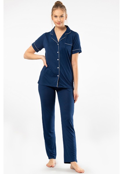 Düz Kısa Kollu Gömlek Yaka Pijama Takım 3368/LACIVERT