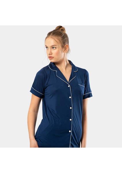 Düz Kısa Kollu Gömlek Yaka Pijama Takım 3368/LACIVERT