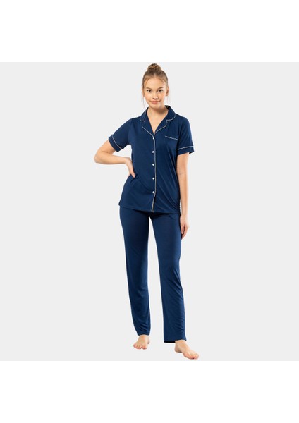 Düz Kısa Kollu Gömlek Yaka Pijama Takım 3368/LACIVERT