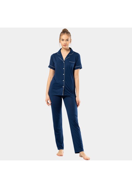 Düz Kısa Kollu Gömlek Yaka Pijama Takım 3368/LACIVERT