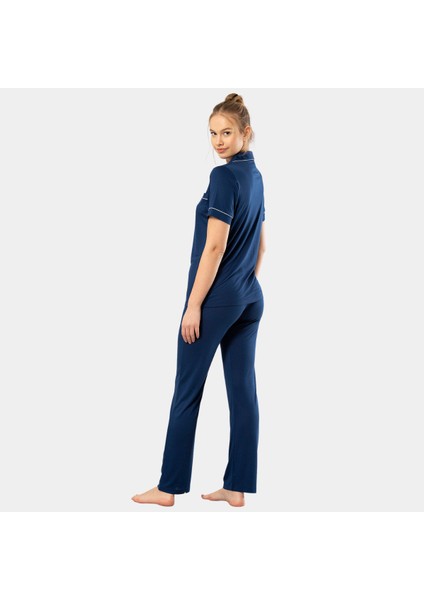 Düz Kısa Kollu Gömlek Yaka Pijama Takım 3368/LACIVERT