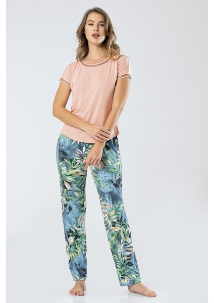 Yapraklı Kısa Kollu Pijama Takım 3357/PETROL