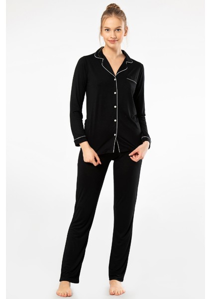 Düz Uzun Kollu Gömlek Yaka Pijama Takım 3365/SIYAH