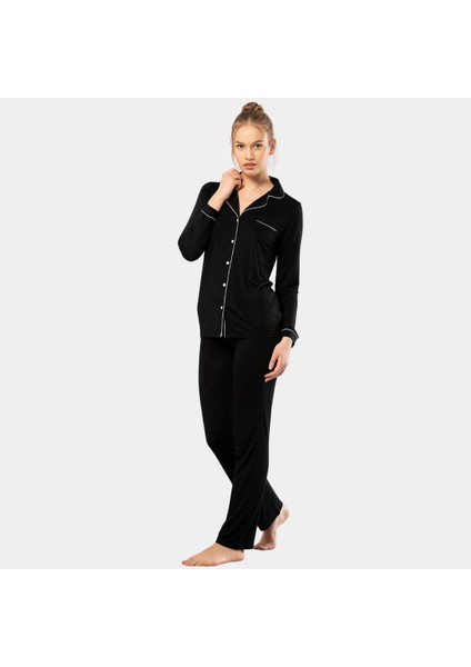 Düz Uzun Kollu Gömlek Yaka Pijama Takım 3365/SIYAH fiyatları
