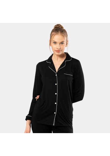 Düz Uzun Kollu Gömlek Yaka Pijama Takım 3365/SIYAH modelleri