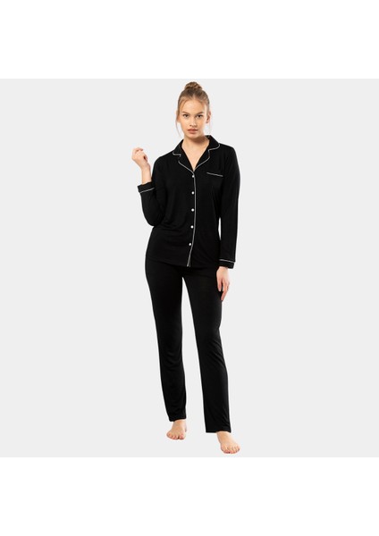 Düz Uzun Kollu Gömlek Yaka Pijama Takım 3365/SIYAH fırsatları