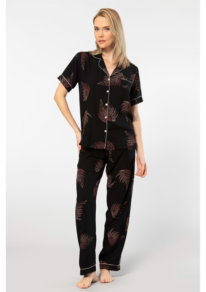 Kadın Desenli Kısa Kol Dokuma Pijama Takımı 3604/SIYAH