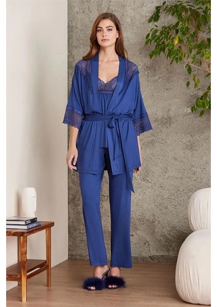 2820 Kadın Lacivert Dantelli Penye 3'lü Sabahlıklı Pijama Takım