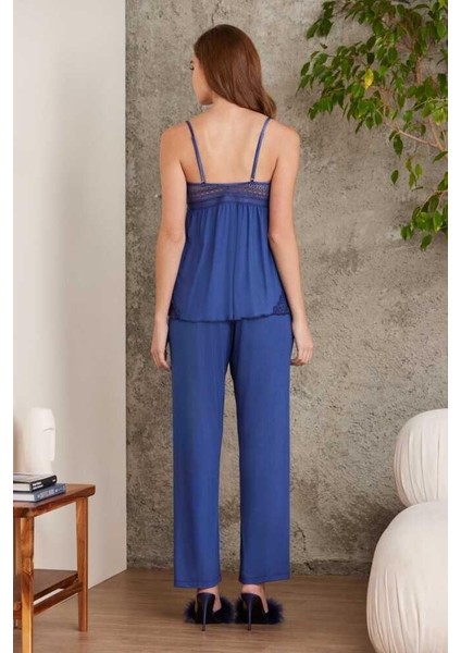 2820 Kadın Lacivert Dantelli Penye 3'lü Sabahlıklı Pijama Takım fiyatları