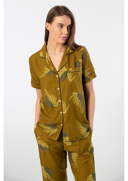 Kadın Desenli Kısa Kol Dokuma Pijama Takımı 3604/HAKI