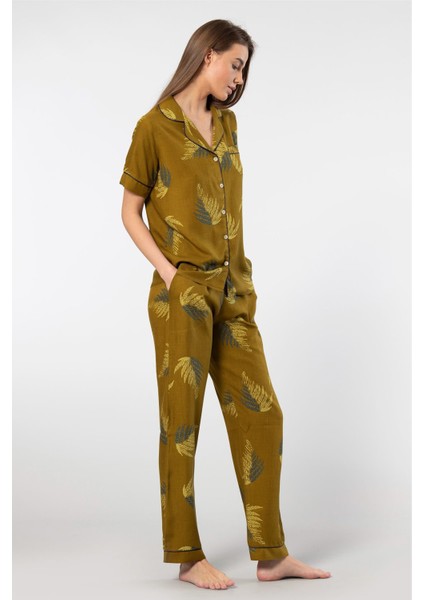 Kadın Desenli Kısa Kol Dokuma Pijama Takımı 3604/HAKI
