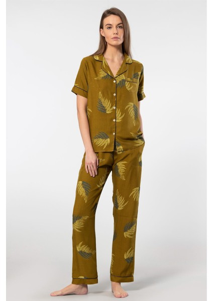 Kadın Desenli Kısa Kol Dokuma Pijama Takımı 3604/HAKI