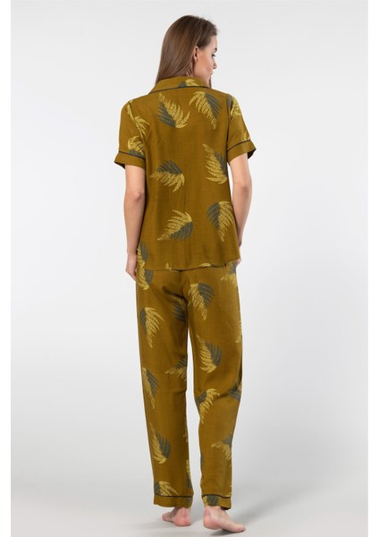 Kadın Desenli Kısa Kol Dokuma Pijama Takımı 3604/HAKI