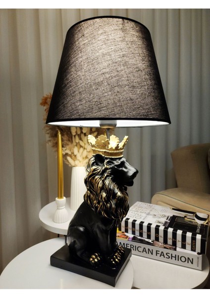 Dekoratif Gold Yaldızlı Siyah Kral Aslan Abajur Biblo