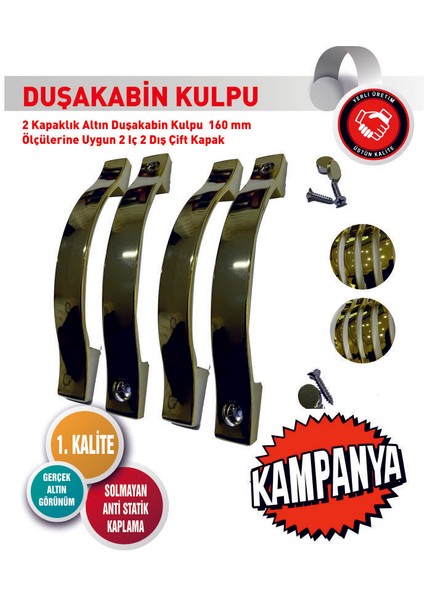2 Kapaklık Altın Duşakabin Kulpu 160 mm Ölçülerine Uygun 2 Iç 2 Dış Çift Kapak Kulp Altın