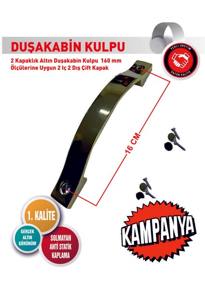 2 Kapaklık Altın Duşakabin Kulpu 160 mm Ölçülerine Uygun 2 Iç 2 Dış Çift Kapak Kulp Altın