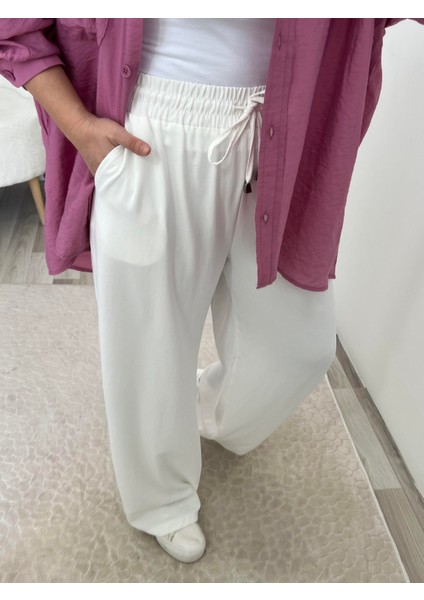 Ekru Mevsimlik Beli Lastikli Palazzo Pantolon