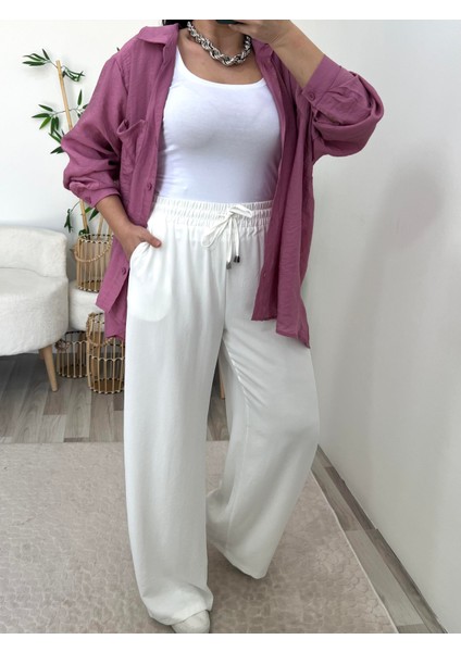 Ekru Mevsimlik Beli Lastikli Palazzo Pantolon modelleri