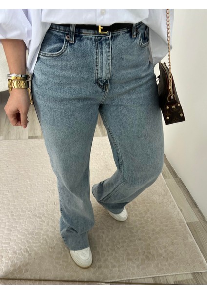 Açık Mavi Kesik Paça Straight Jean Pantolon